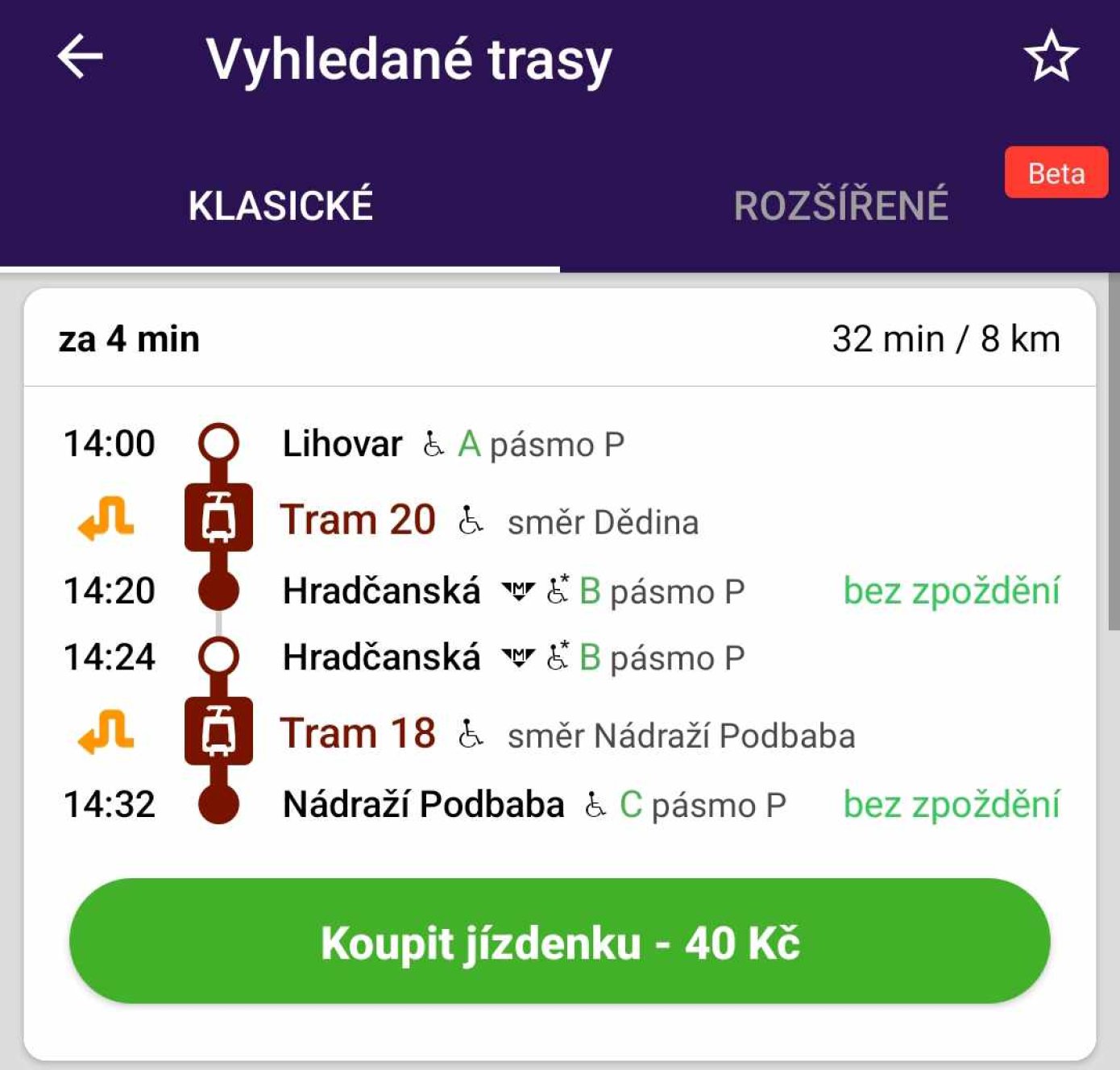 Klasické vyhledávání v Lítačce, které počítá výhradně s MHD