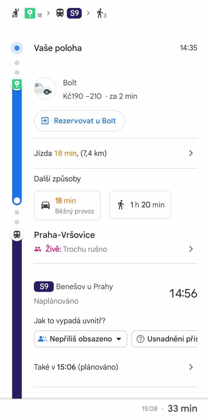 Kombinace taxíku a MHD v Google Mapách