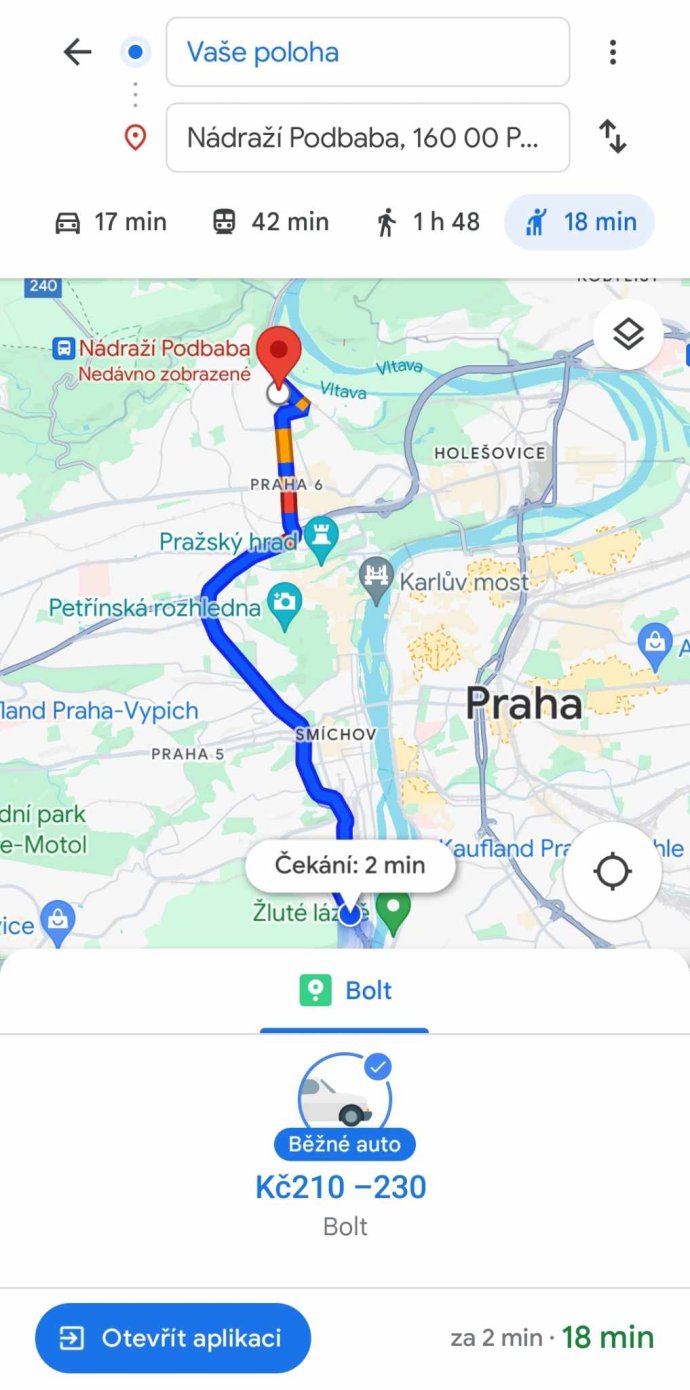 Kombinace různých způsobů jízdy v Google Mapách